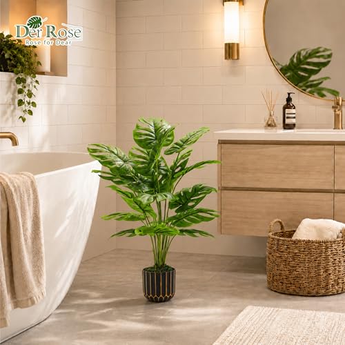 28-Inch Artificial Monstera Plant in Black & Gold Pot for Home Decor