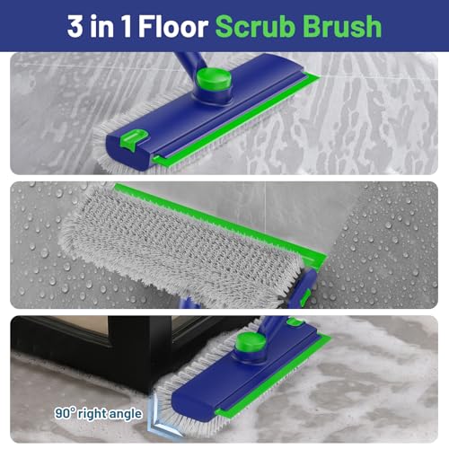 3-in-1 Floor Scrub Brush with Squeegee and Adjustable Long Handle