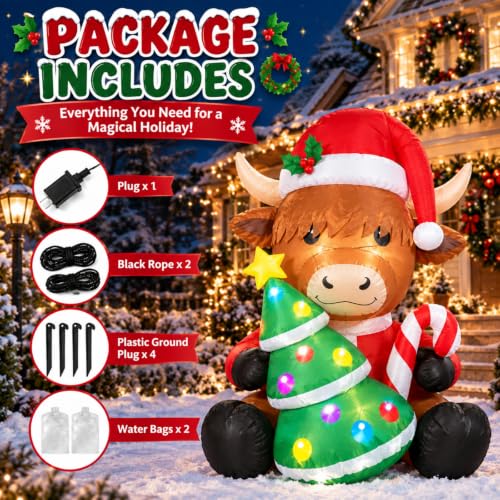 Sosation 5ft Christmas Highland Cow Inflatable with LED Lights - Santa Hat & Tree Variation
