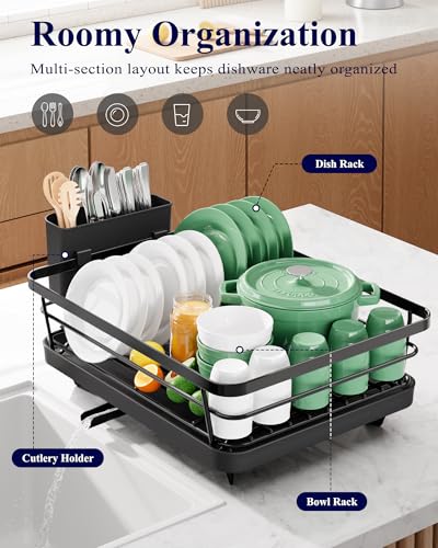 Compact Dish Drying Rack with Drainboard & Cutlery Holder for Kitchen