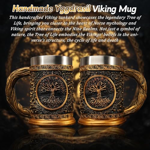 20oz Viking Tree of Life Beer Tankard, Stainless Steel Norse Mug
