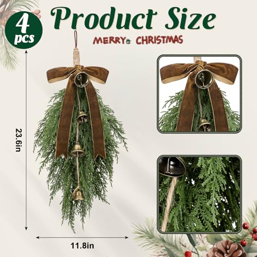 Shihanee 4-Pack Christmas Cedar Swags Teardrop with Velvet Bow Khaki