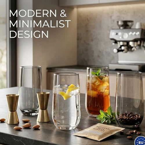 Biandeco Set of 6 Grey Smoked Glasses 16 oz - Modern Black Charcoal Drinkware
