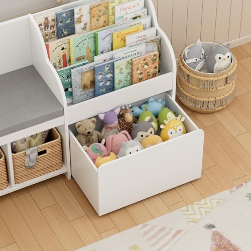 Kids Reading Nook with Bookshelf, Toy Storage Bench, and Mobile Toy Box