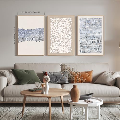 3-Panel Abstract Boho Wall Art Set - Blue & Neutral Modern Canvas Prints