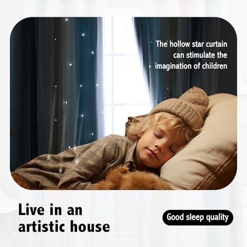 Double Layer Star Blackout Curtain with Sheer Overlay, 52 x 63 Inch