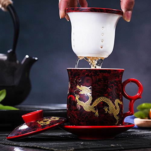 Tea Talent Dragon Red Waves Porcelain Tea Cup Set with Infuser & Saucer – Jingdezhen Chinese Teaware for Loose Leaf Brewing, 350ml