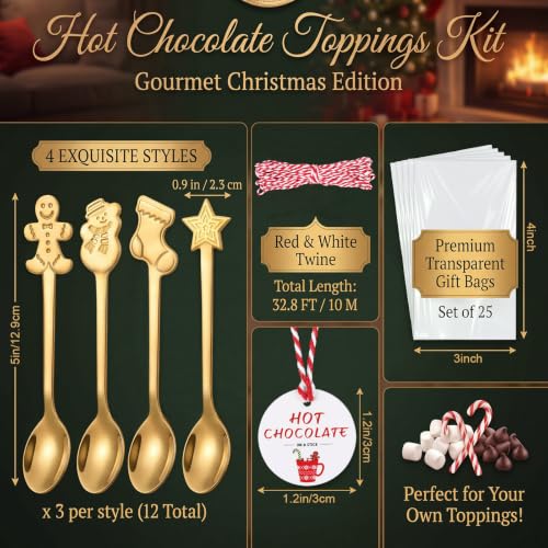 Lasnten Christmas Hot Chocolate Spoons Set - Classic / Gold Stainless Steel 12 Pack