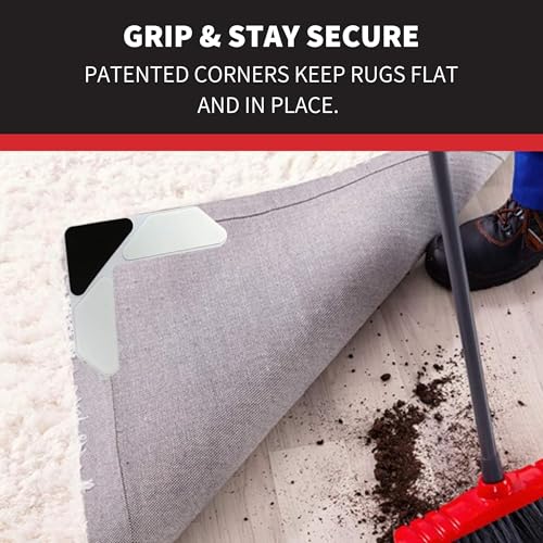 V-Shape Rug Corner Grippers for Hardwood Floors - 4 Pack, Anti-Curling