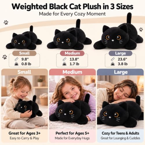 SQEQE 23.6 Inch Weighted Black Cat Plush - Large Plushie for Cozy Comfort, 3.8 Lbs, Gift for Kids & Adults
