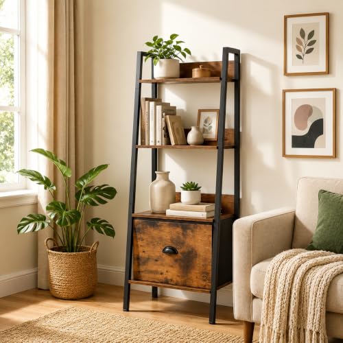 4-Tier Industrial Ladder Bookshelf with Removable Fabric Storage Drawer