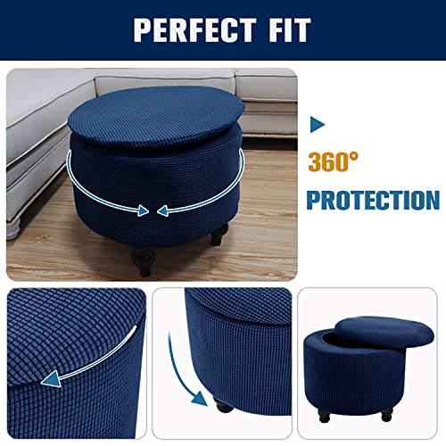 2-Piece Stretch Ottoman Cover with Storage - Removable & Washable Protector (Navy Blue)
