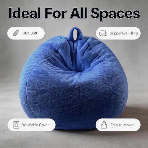 3ft Faux Fur Memory Foam Bean Bag Chair for Kids and Teens, Dark Blue