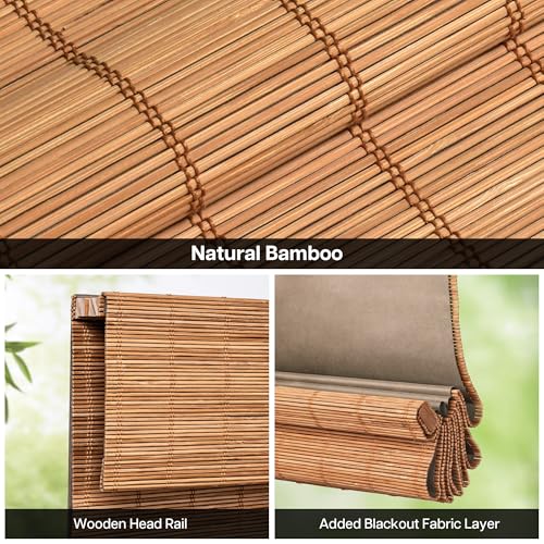 Cordless Blackout Bamboo Roman Shades 34x64 - Room Darkening Blinds