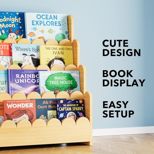 4-Tier Wooden Montessori Bookshelf for Kids, Scalloped Toy Storage Rack