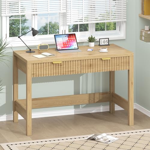 39-Inch Small Fluted Computer Desk with 2 Drawers, Oak Writing Desk