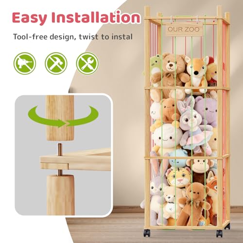 Large Stuffed Animal Storage Zoo with Wooden Base and Rolling Casters