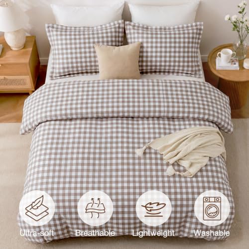 Brown Gingham Duvet Cover Set Queen Size - Soft Microfiber Bedding