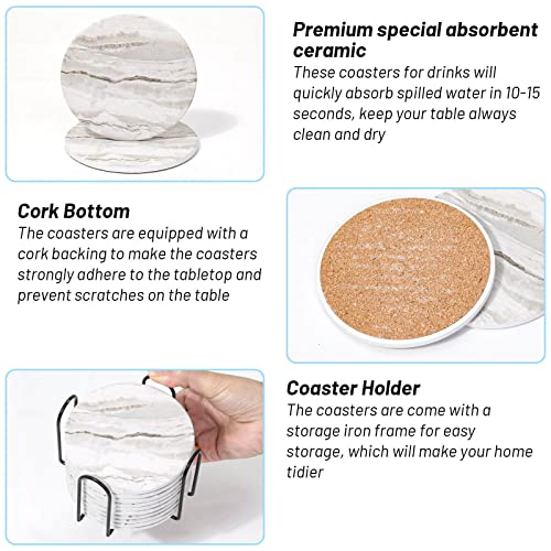 Absorbent Ceramic Drink Coasters with Holder - Set of 6, Marble Style