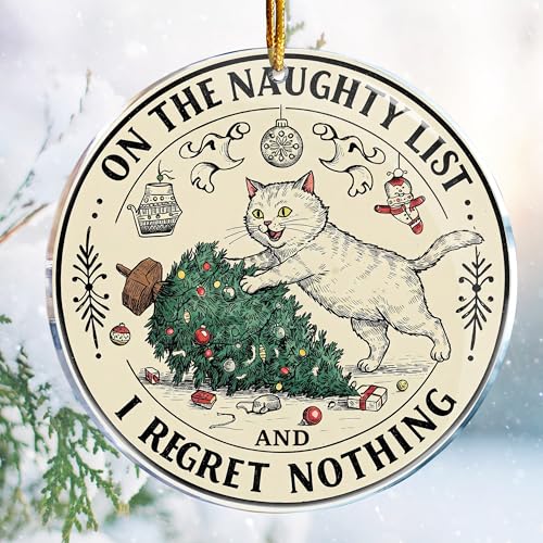 Naughty Christmas Ornament - 3.6in Acrylic Cat Tree Gag Gift, Funny Stocking Stuffers