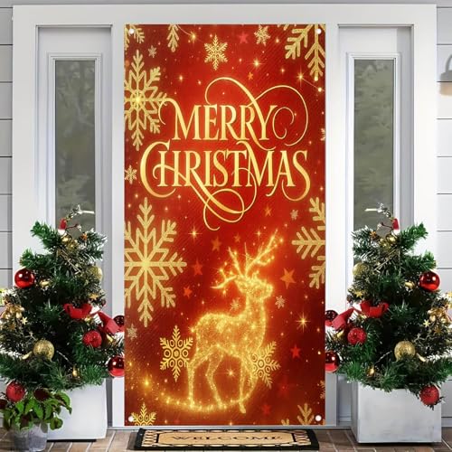 Golden Reindeer Christmas Door Cover 71x35 Inch Winter Holiday Banner for Front Porch, Indoor & Outdoor Decor