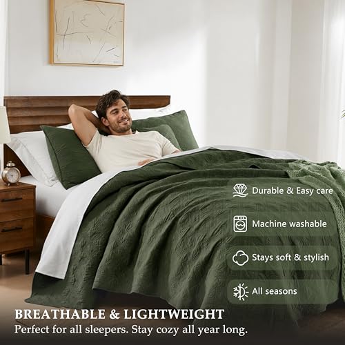 WDCOZY 100% Cotton King Size Quilt Set - Olive Green Lightweight Bedspread