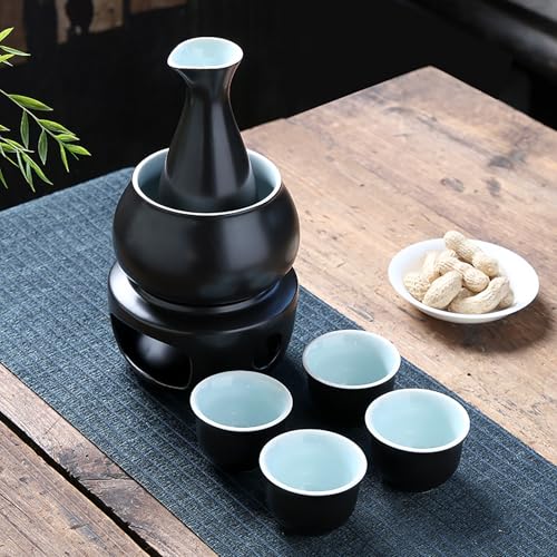 Ceramic Sake Set with Warmer - Hot & Cold Sake Drinking Kit, 7 Pieces