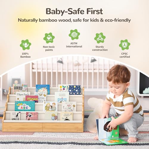 Bamboo Toddler Bookshelf - Montessori Style Kids Book Storage Rack