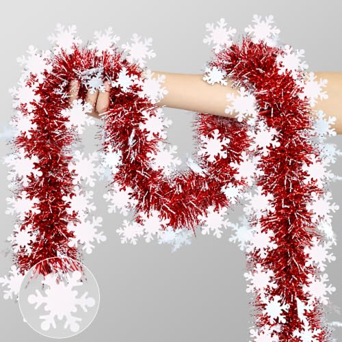 Sakayo 50FT Red & White Christmas Tinsel Snowflake Garland, Indoor Outdoor Holiday Decor