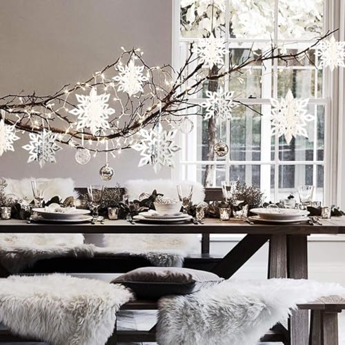 3D White Glitter Hanging Snowflake Ornaments & Garland Set (24 Pcs)