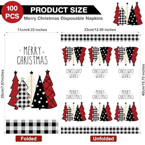 Christmas Paper Napkins Bulk - Watercolor Tree & Buffalo Plaid Design, 100 Pack