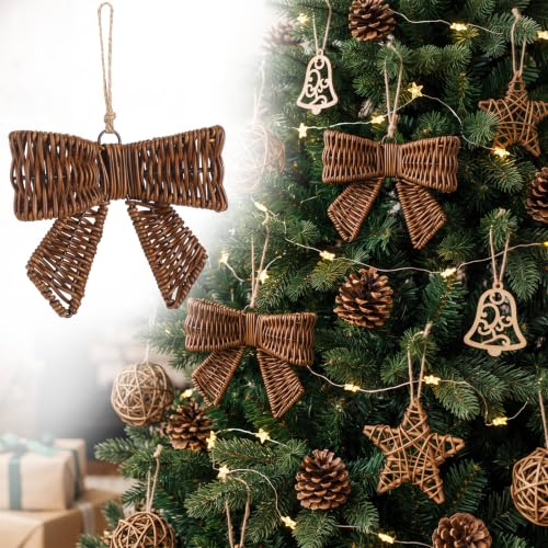 Rustic Christmas Rattan Woven Bow Ornaments - Set of 2, 6.3x4.9 inches