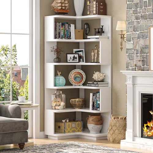 6-Tier L-Shaped Corner Bookshelf, Freestanding Wood Display Storage Stand