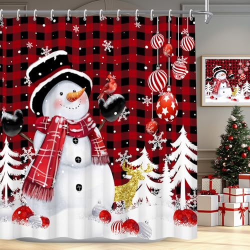 Pnylzzyxh Christmas Snowman Shower Curtain 72x72 inches Waterproof Red White
