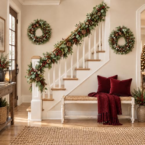 24-Inch Christmas Wreath with Red Berries, Pine Cones & Eucalyptus for Front Door & Holiday Decor