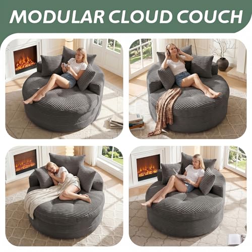 Oversized Corduroy Floor Chaise Lounge with Pillows and Ottoman