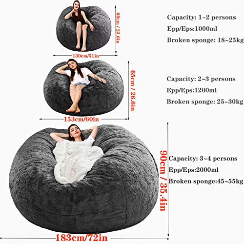 6FT Bean Bag Sofa Cover, Ultra Soft Flocked PV Fabric - Dark Gray