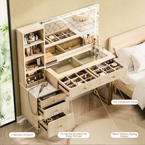 44-Inch Fluted Oak Vanity Desk with LED Lighted Mirror and Charging Station