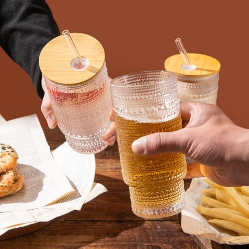 16oz Glass Tumbler Set with Bamboo Lids and Glass Straws - 4 Piece Set