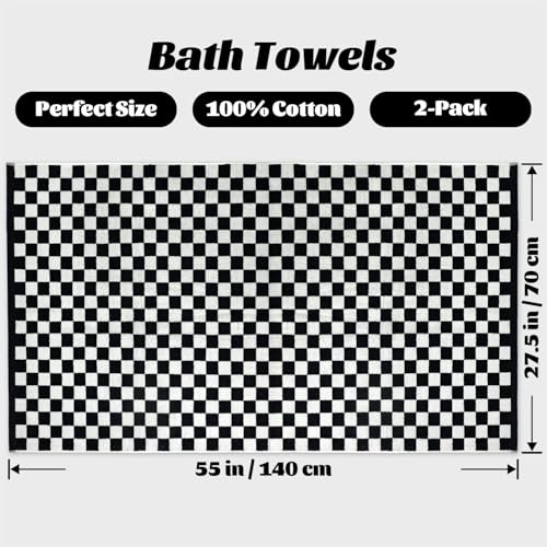 Black and White Checkered Cotton Bath Towels - 27.5" x 55" Set of 2