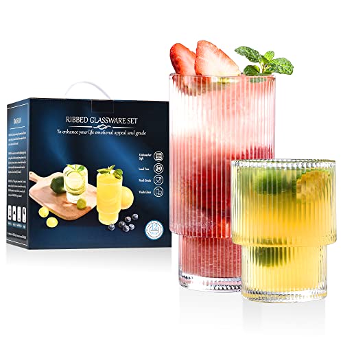 12-Piece Ribbed Glassware Set, Stackable Fluted Drinking Cups 7oz & 12oz