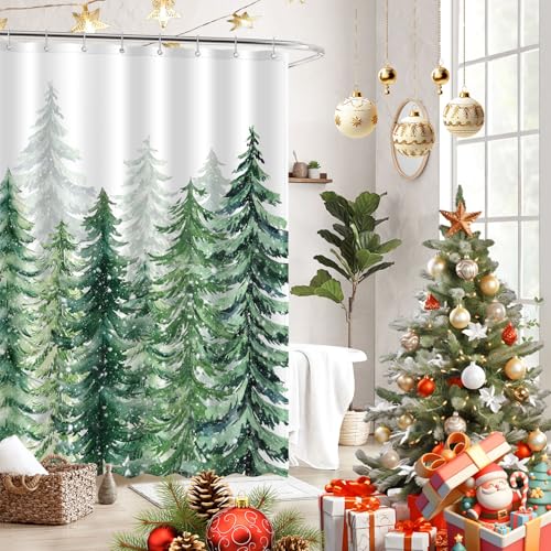 JWXCBIM Christmas Snowy Forest Shower Curtain 72x72 Inch with Hooks - Winter Xmas Pine Tree Holiday Bathroom Decor (Pack of 1)