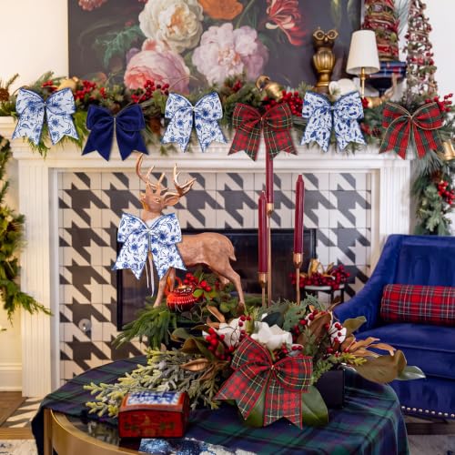 12-Piece Blue & White Plaid Christmas Bow Set with Chinoiserie Accents