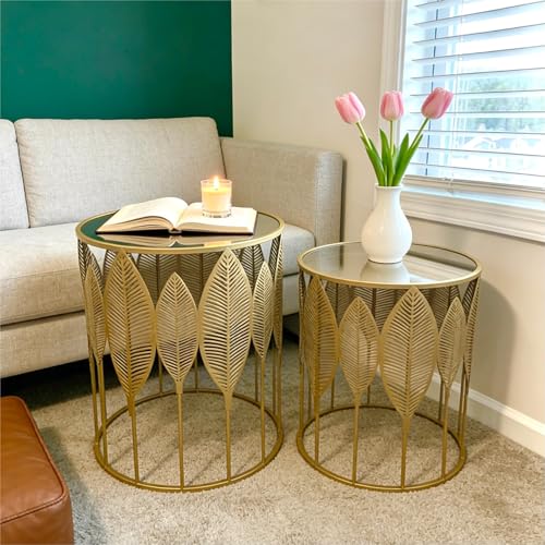 Gold Metal Nesting Tables Set of 2, Round Side Tables with Leaf Design