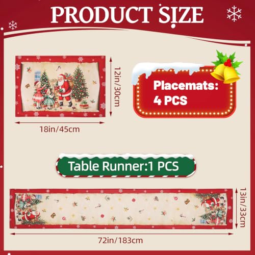 5 Pack Red Vintage Santa Christmas Table Runner and Placemats Set