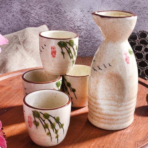 Japanese Ceramic Sake Set of 5 - 150ml Sake Bottle & 45ml Cups for Traditional Serving
