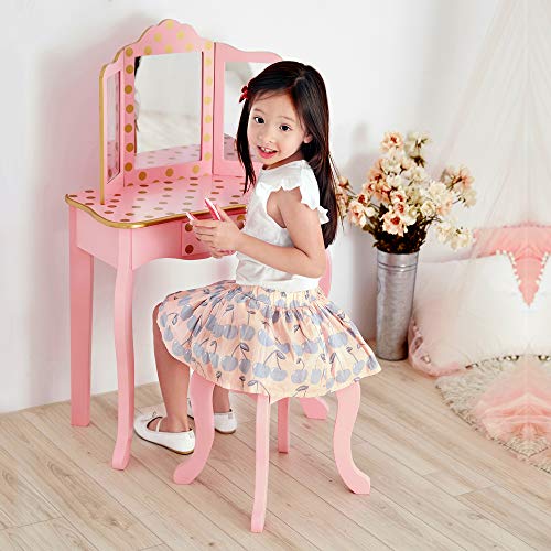 Kids Wooden Vanity Table and Chair Set with Tri-Fold Mirror and Drawer