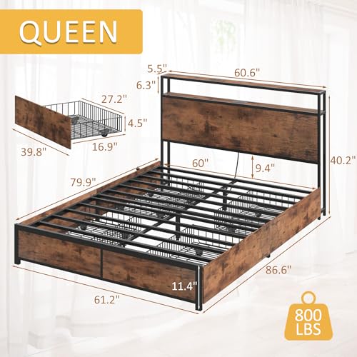 Queen Platform Bed Frame with 4 Storage Drawers, LED & Charging Station