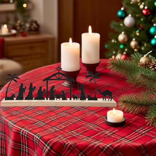FESTGLOX Large Black Metal Nativity Scene Christmas Set with Wooden Base
