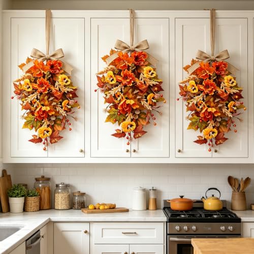 24-Inch Fall Teardrop Swags Set - Autumn Floral Wreath for Front Door